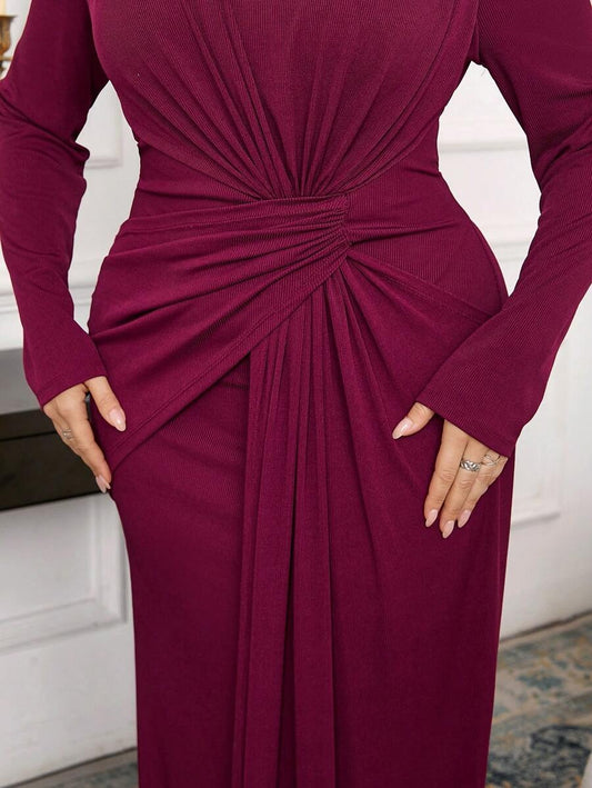 SHEIN Modelyn فستان أنيق طويل الأكمام بلون عنابي