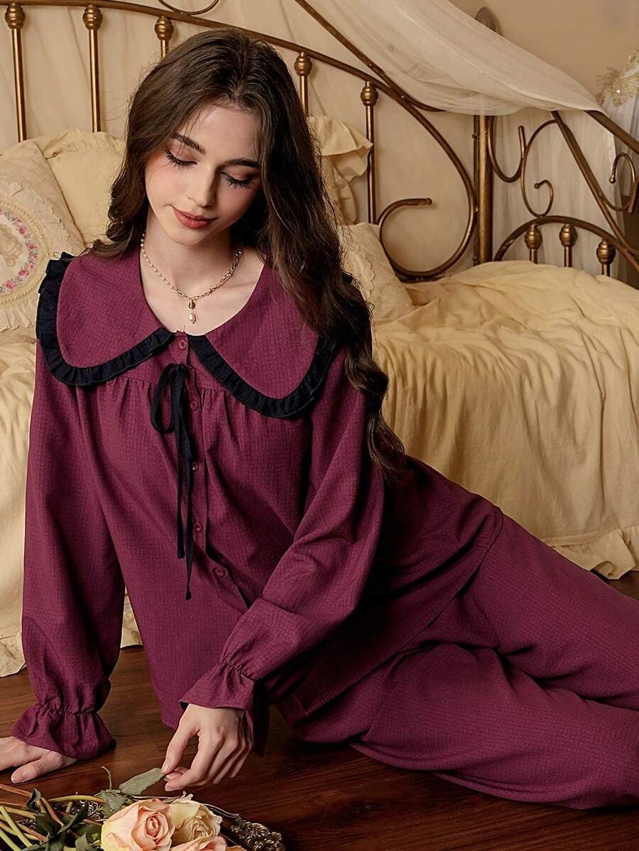 SHEIN طقم بيجامة بلوزة وبنطلون بنقشة بلون أورجواني