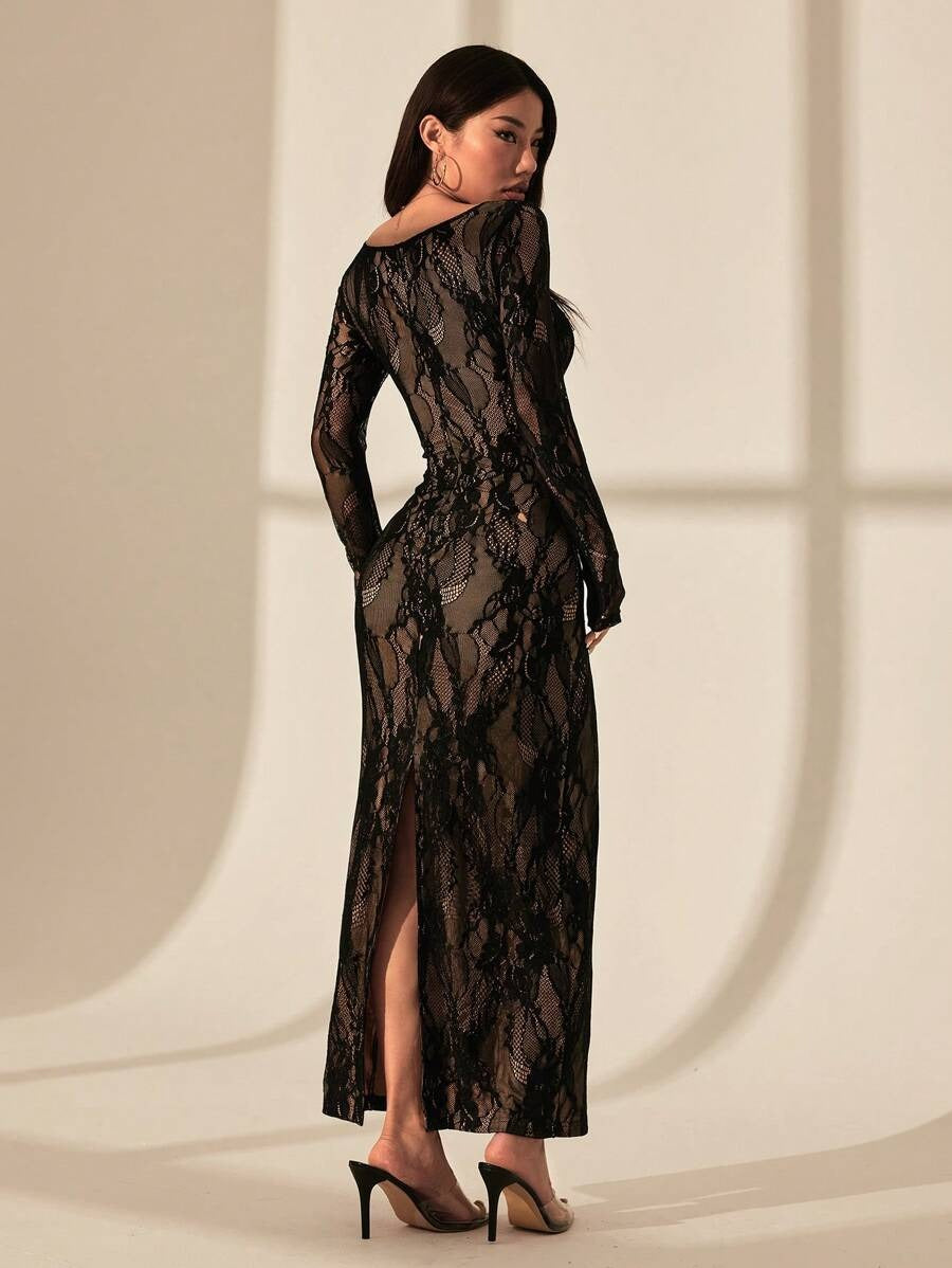 SHEIN PETITE فستان ماكسي أسود ضيق بياقة مربعة وأكمام دانتيل