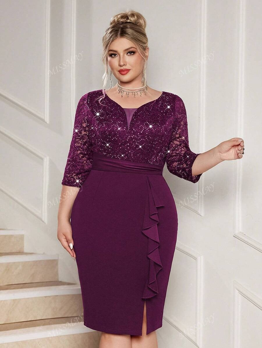 SHEIN فستان سهرة بلون كستنائي بترتر وتطريز