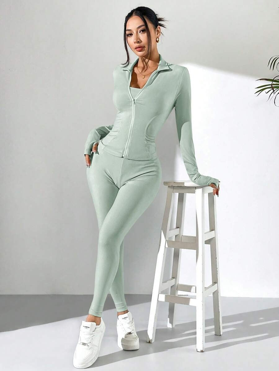 SHEIN EZwear مجموعة رياضية نسائية بلون أخضر نعناع 3 قطع