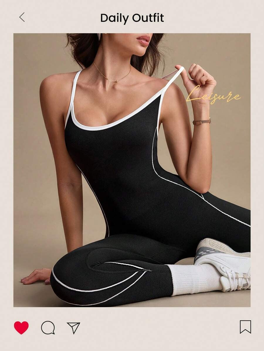 SHEIN جمبسوت رياضي موحد اللون أسود وأبيض