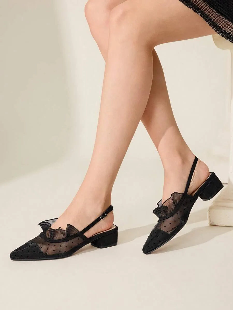 SHEIN CUCCOO CHICEST أحذية باليه نسائية سوداء شبكية بكعب منخفض