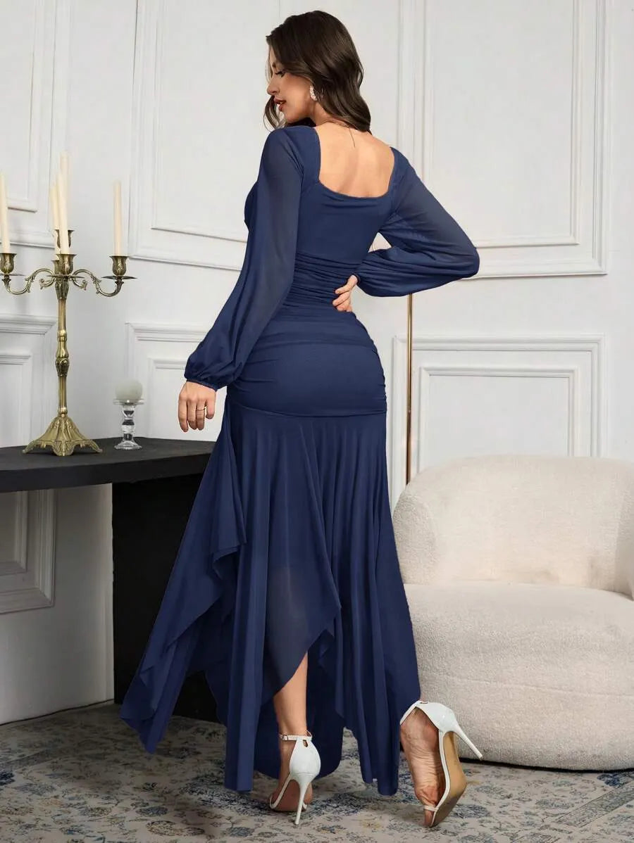SHEIN Modelyn فستان طويل بأكمام طويلة وياقة مربعة منسدلة بلون أزرق بحري