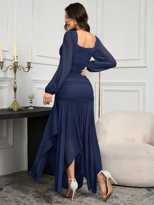 SHEIN Modelyn فستان طويل بأكمام طويلة وياقة مربعة منسدلة بلون أزرق بحري