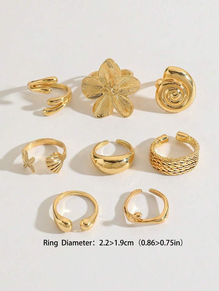 SHEIN طقم 8 خواتم ذهبي بوهيمي نجمة بحر