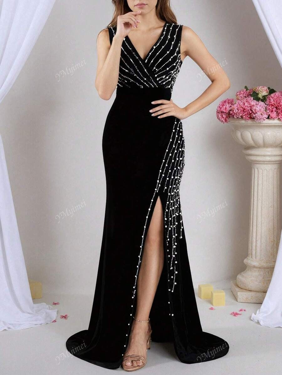 SHEIN YMyimei فستان أسود طويل خرز لامع بدون أكمام