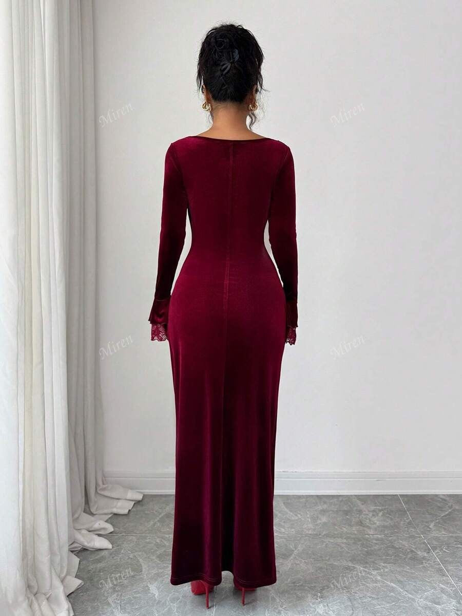 SHEIN Miren فستان مخملي طويل بلون عنابي