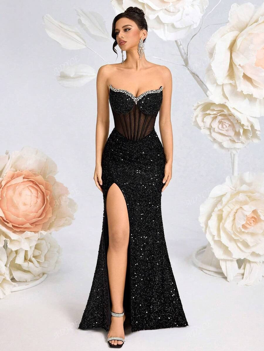 SHEIN ADYCE فستان سهرة أسود لامع أنيق وطويل