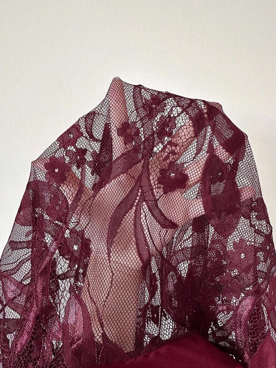 SHEIN SilkySpell رداء دانتيل شفاف طويل بلون كستنائي