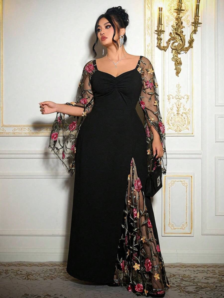 SHEIN Roveilla فستان طويل أسود مطرز بالزهور