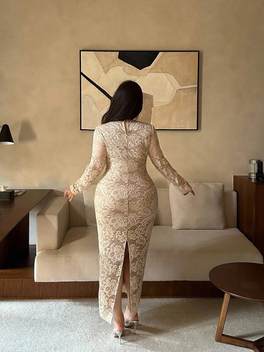 SHEIN Vibekara فستان أنيق مشمشي بحزام ودانتيل