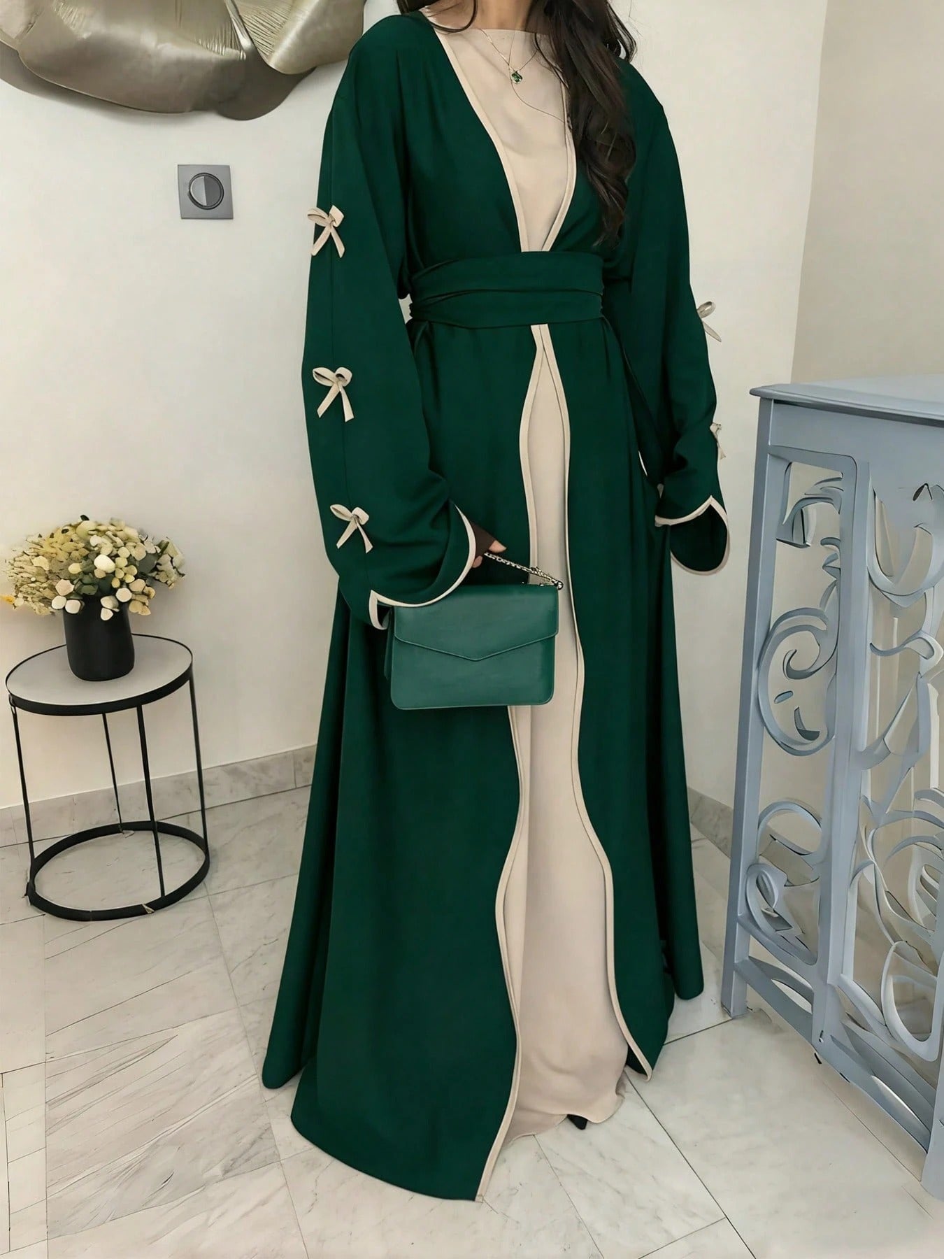 SHEIN SuofeiMan عباءة أنيقة جاكيت أخضر زيتوني مع حزام (العباءة فقط)