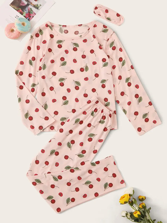SHEIN طقم 3 قطع بيجاما بطباعة كرز مع غطاء عين بلون وردي فاتح