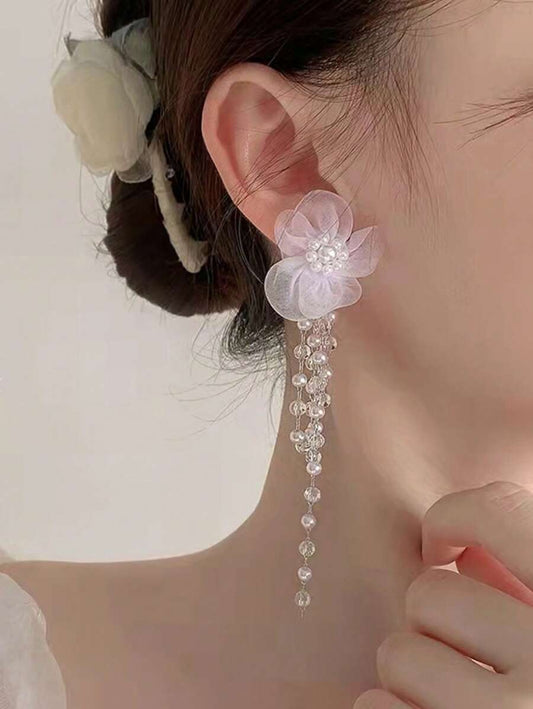 SHEIN زوج أقراط قلادة أزهار مع خرز صناعي