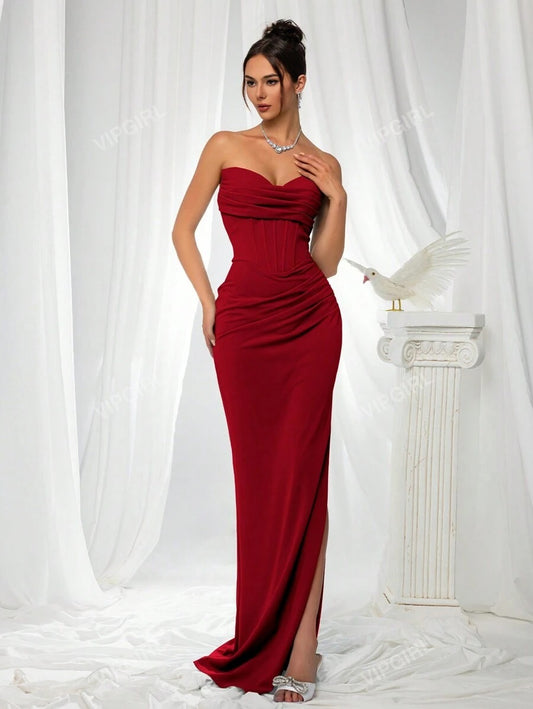 SHEIN VIPGIRL فستان أحمر طويل بدون حمالات
