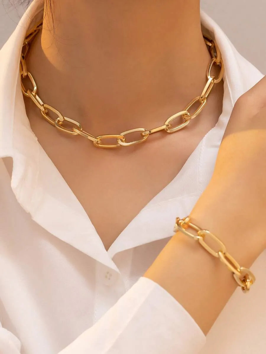 SHEIN طقم مجوهرات نسائي قطعتين قلادة وسوار بتصميم هندسي بلون ذهبي