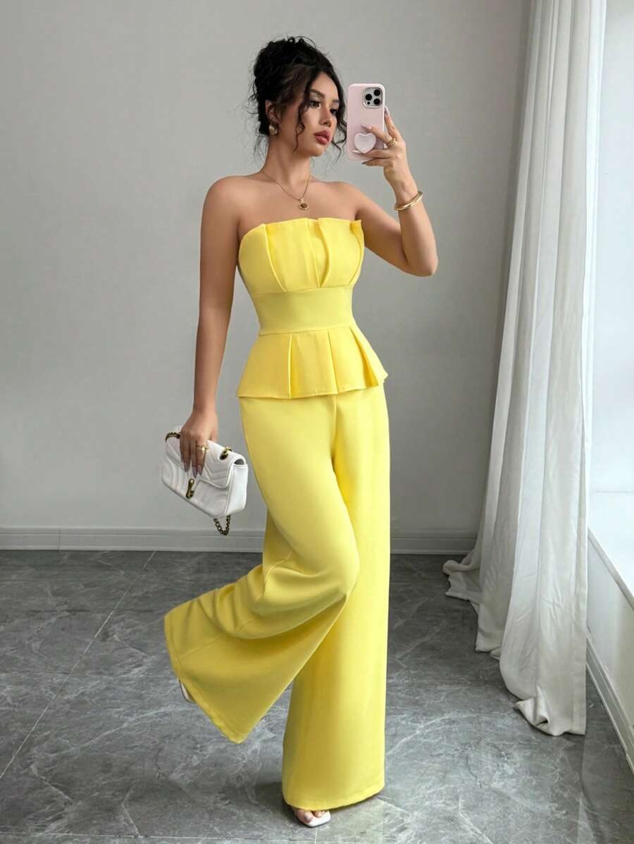 SHEIN Elenzga جمبسوت أنيق بدون أكمام بلون أصفر