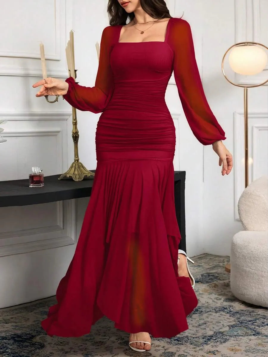 SHEIN Modelyn فستان طويل بأكمام طويلة بلون عنابي