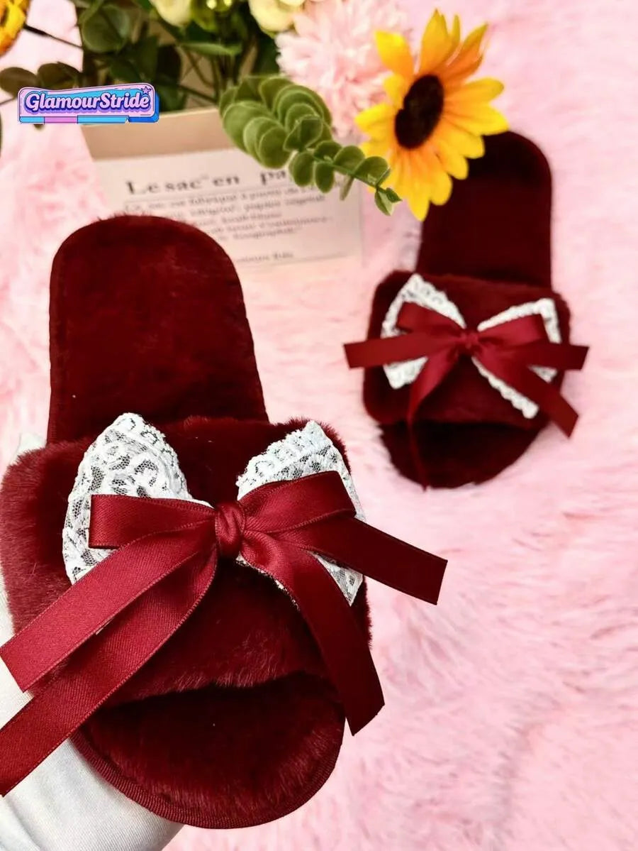 SHEIN شبشب نسائي مسطح مفتوح من الأمام بفيونكة دانتيل