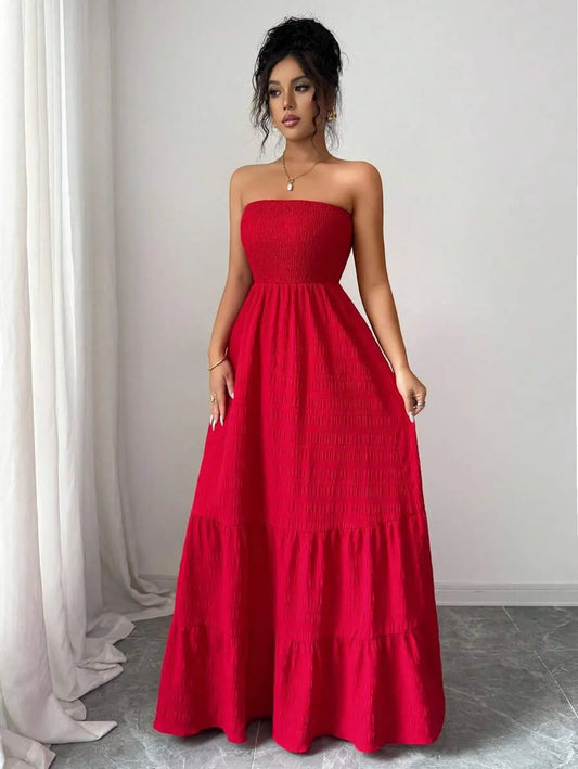SHEIN Rafferiza فستان كاجوال بلا حمالات مع كشكشة أمامية بلون أحمر