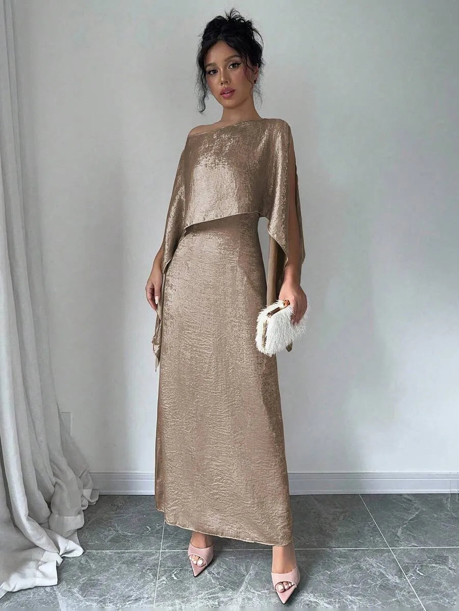 SHEIN Elenzga فستان ذهبي طويل مائل للأسيمتري