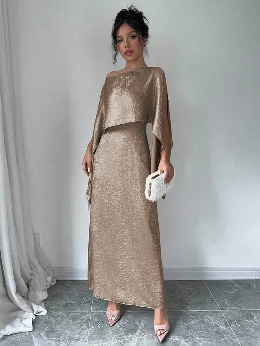 SHEIN Elenzga فستان ذهبي غير متماثل أطول من الركبة للنساء