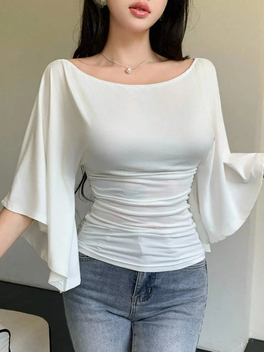 SHEIN Celisse بلوزة نسائية أنيقة بياقة واسعة وأكمام جرس