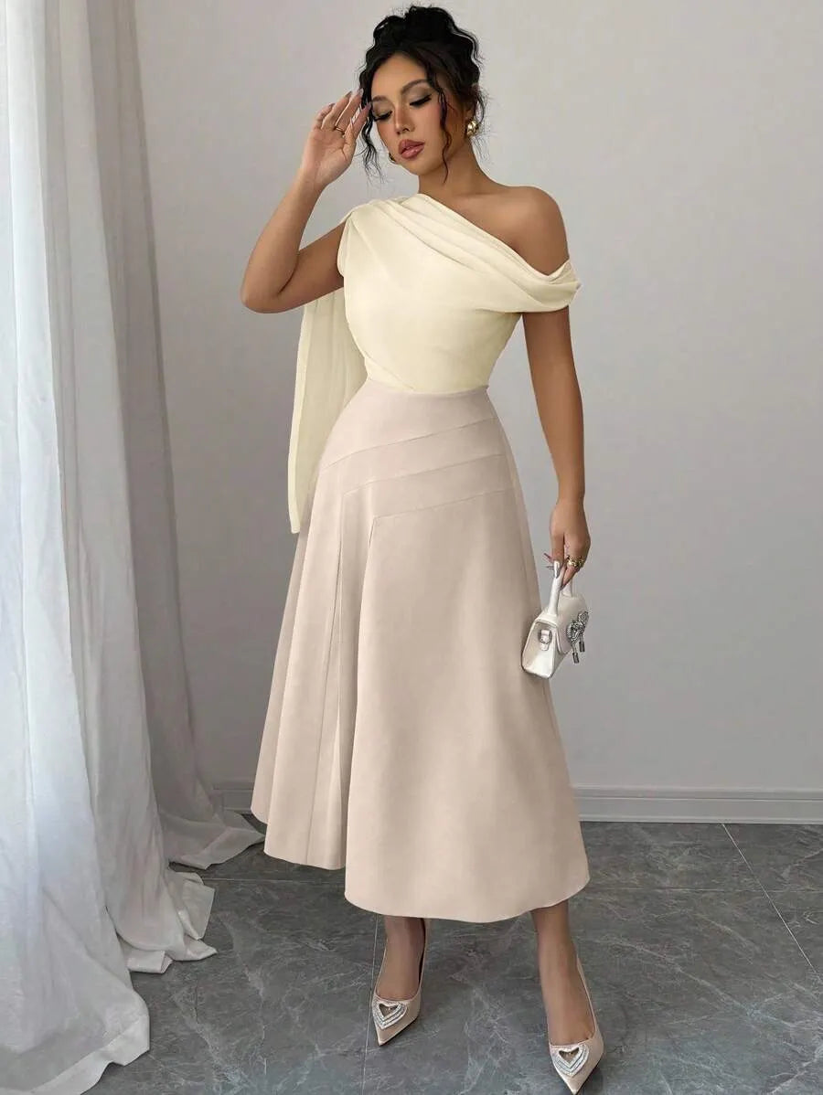 SHEIN Elenzga فستان شبك بكتف مفتوح وخصر مرن لون مشمشي