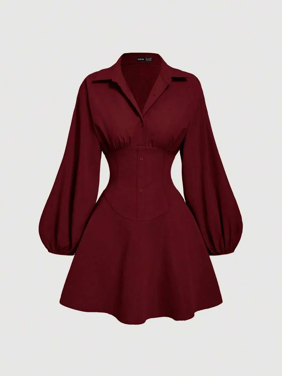 SHEIN MOD فستان قميص نسائي ميني بياقة وأكمام منتفخة وأزرار أمامية بلون عنابي
