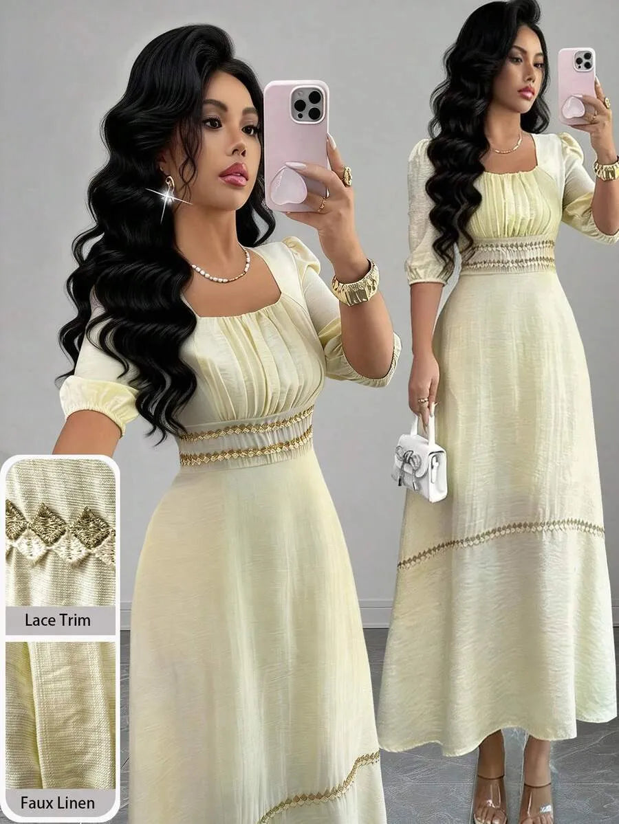 SHEIN Modelyn فستان ميدي بياقة مربعة فرنسية أصفر فاتح
