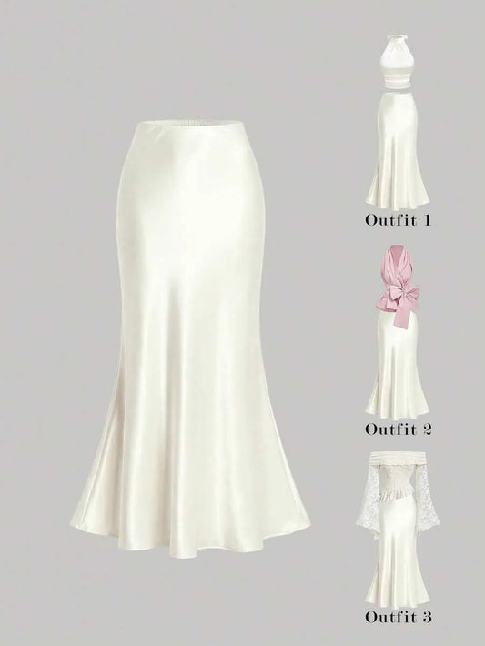 SHEIN تنورة ماكسي ساتان كريمي أنيقة بقصة حورية البحر وسحاب مخفي