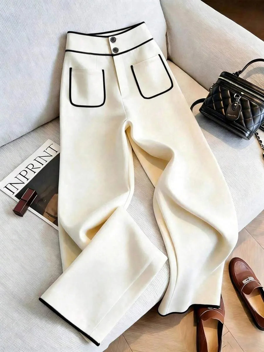 SHEIN Franclia بنطلون  نسائي واسع الساق بتصميم أبيض وأسود