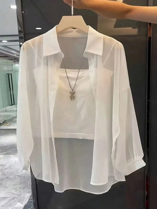 SHEIN Franclia قميص شفاف أساسي بسيط بياقة بأكمام طويلة