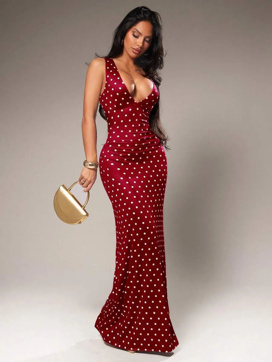 SHEIN Radiana فستان ماكسي ضيق بنقاط بنية وصفراء وظهر مكشوف بتصميم حورية البحر