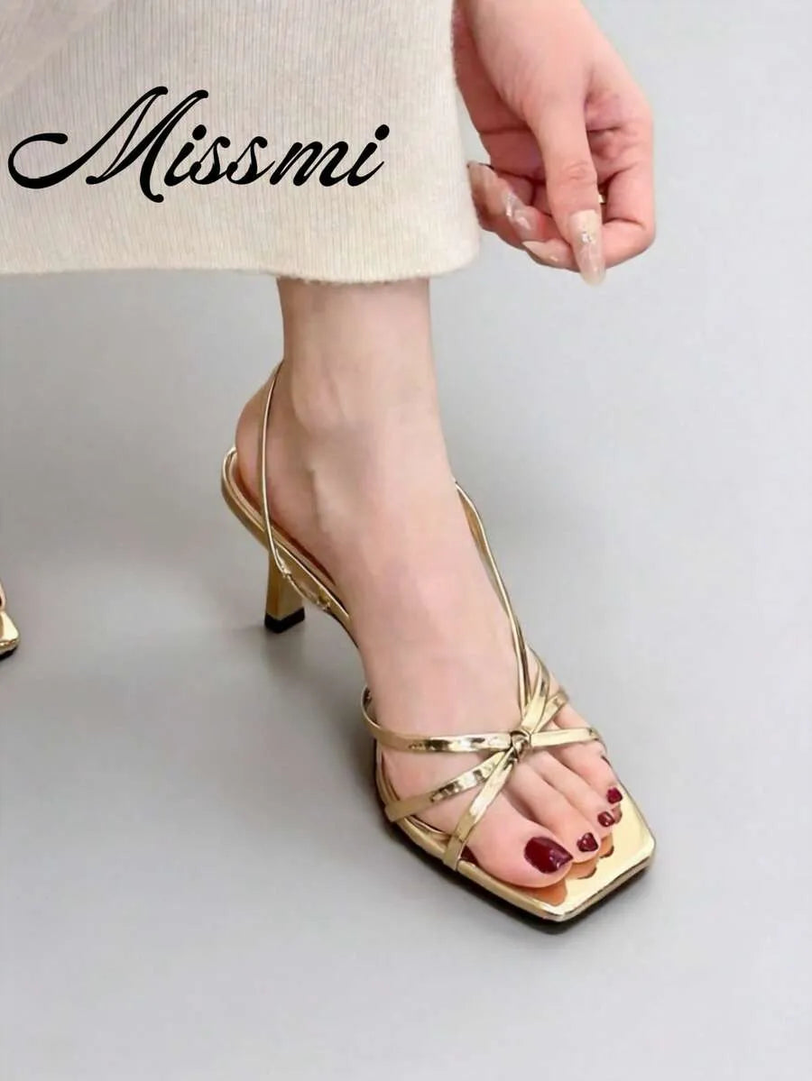 SHEIN صنادل نسائية بكعب رفيع مفتوحة الأصابع لون أصفر