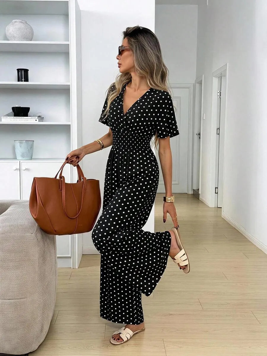 SHEIN Easowa جمبسوت كلاسيكية منقّطة بخصر مزموم وساق واسعة من