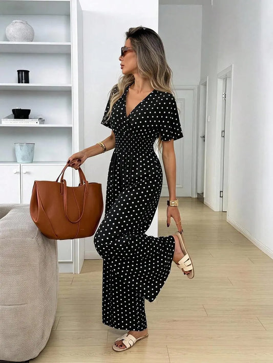 SHEIN Easowa جمبسوت كلاسيكية منقّطة بخصر مزموم وساق واسعة من