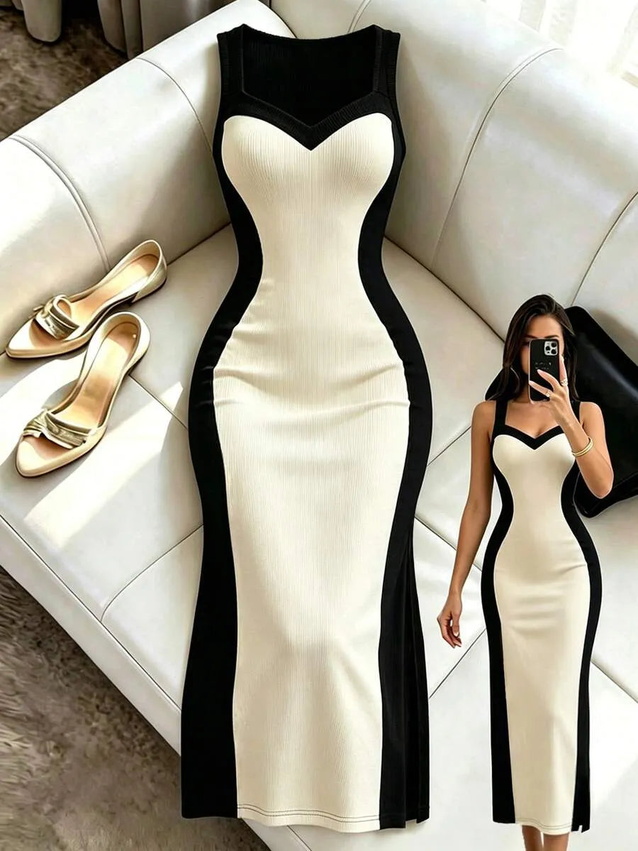 SHEIN Elenzga فستان نسائي جديد بقماش متباين وقصة ضيقة بدون أكمام أسود اللون