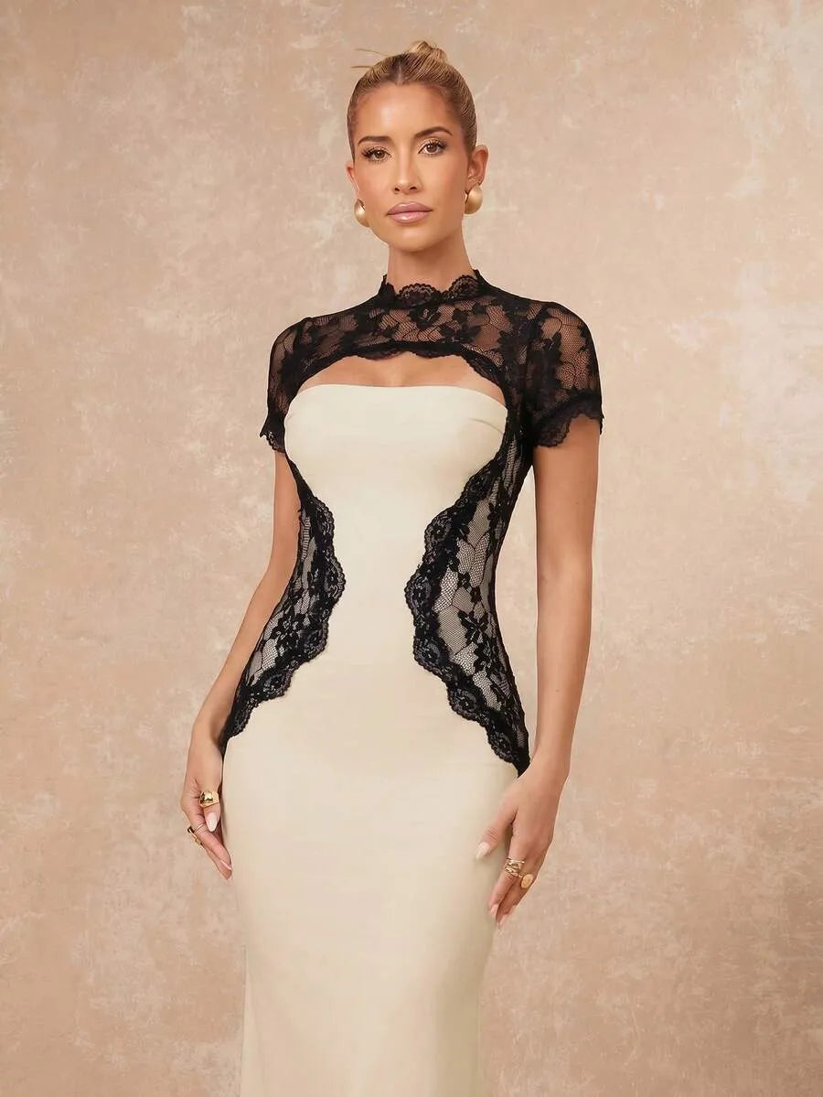 SHEIN Lumalex فستان نسائي ضيق قصة حورية البحر بأكمام دانتيل قصيرة لون مشمشي