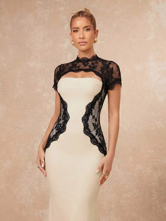 SHEIN Lumalex فستان نسائي ضيق قصة حورية البحر بأكمام دانتيل قصيرة لون مشمشي