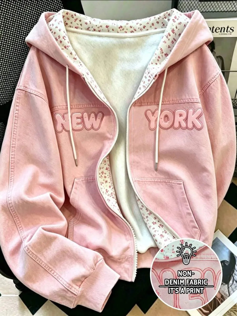 SHEIN Resyla هودي نسائي فضفاض بطبعة حروف وسحاب وجيب متعدد الألوان