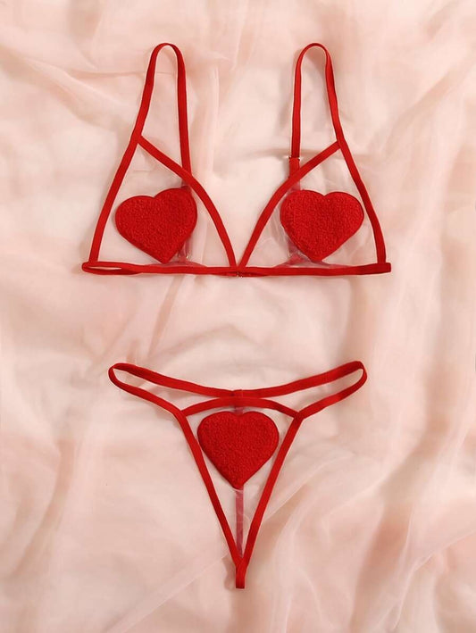 SHEIN طقم لانجري أحمر بشبك وقلب