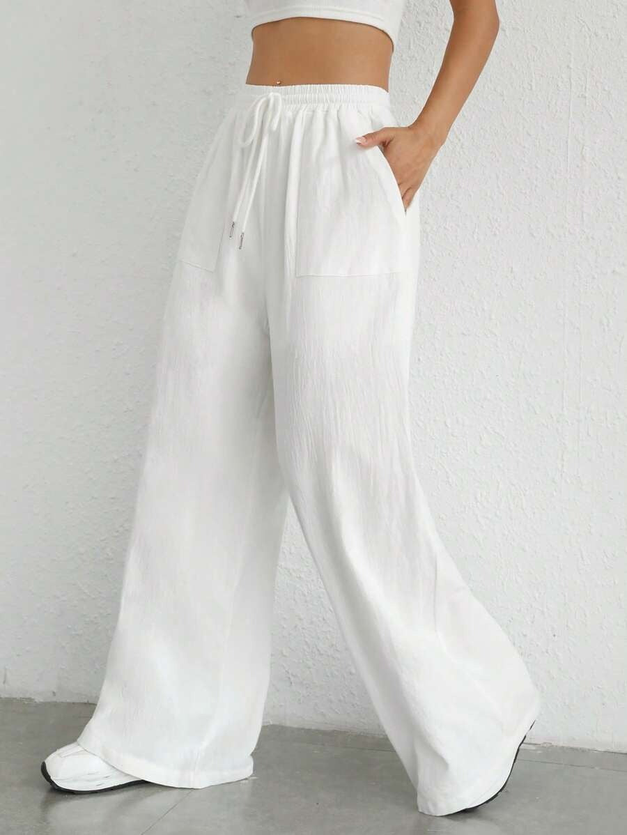 SHEIN SHEIN EZwear بنطال أبيض واسع بخصر رباط