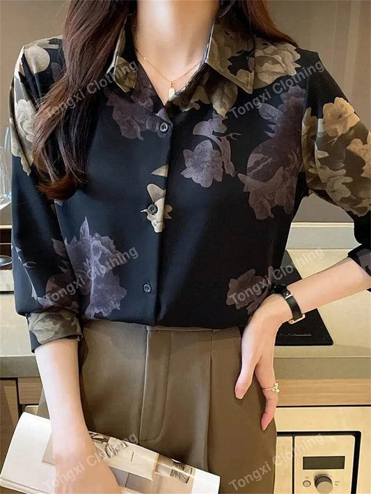 SHEIN بلوزة نسائية بطبعة زهور وأكمام طويلة بتصميم كاجوال