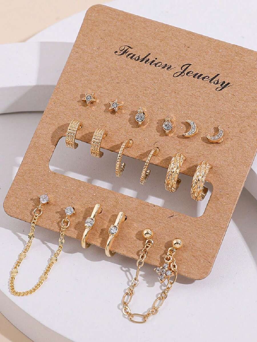 SHEIN طقم 9 أزواج أقراط مرصعة بالكريستال لون ذهبي