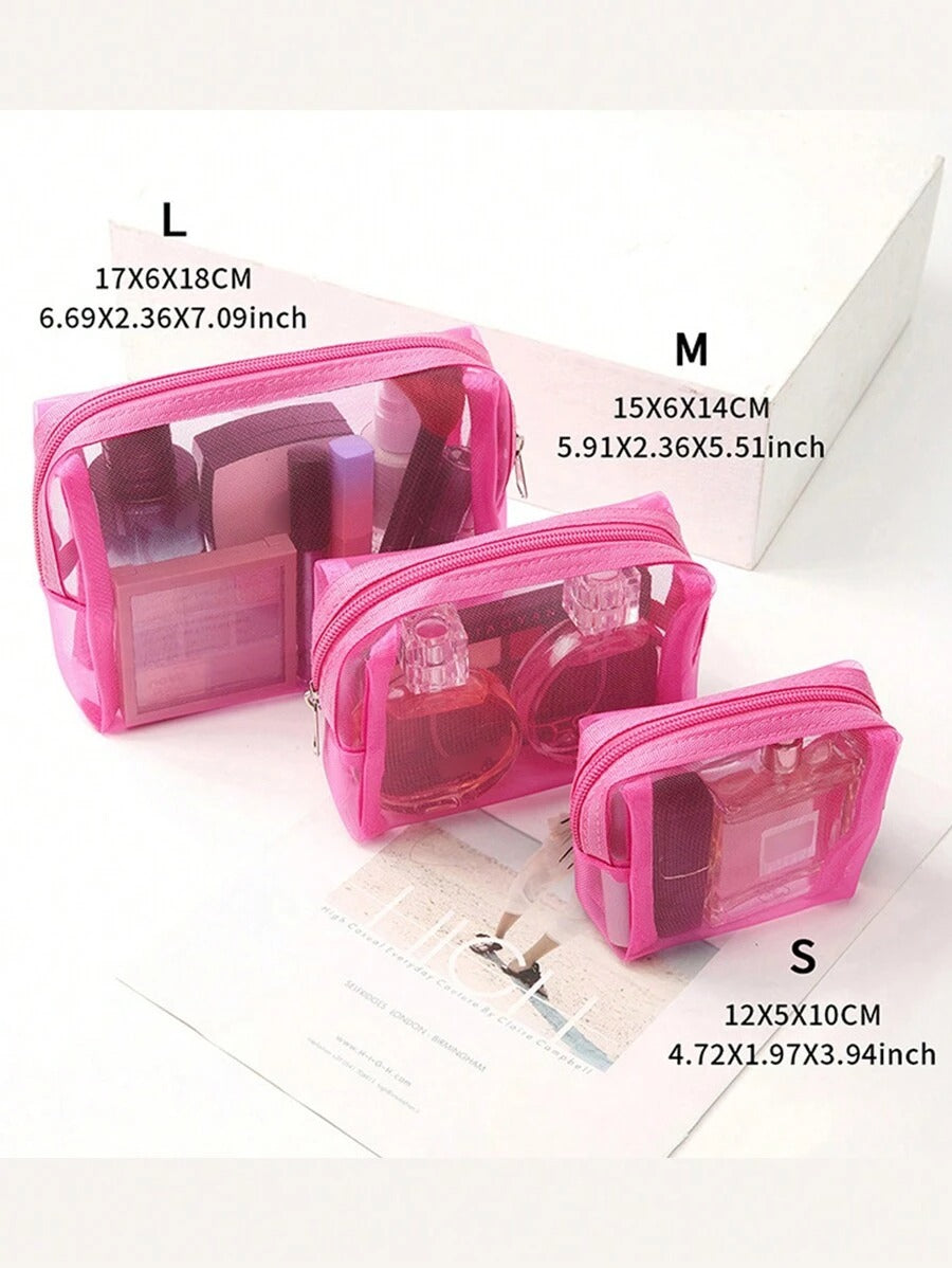 SHEIN مجموعة 3 قطع حقائب مكياج شفافة باللون الوردي