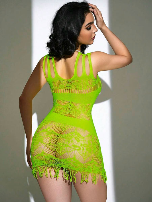 SHEIN فستان لانجري شبكي بلون أخضر ليموني