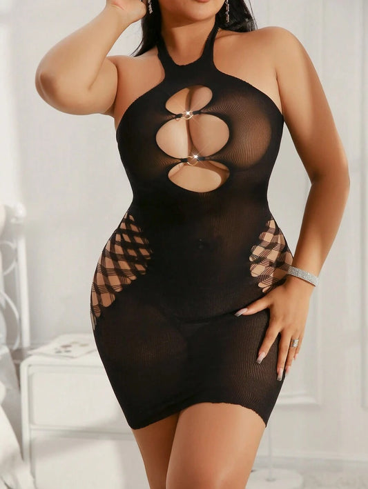 SHEIN ChaseTheNight فستان شبكي أسود مزين بحلقات قلوب