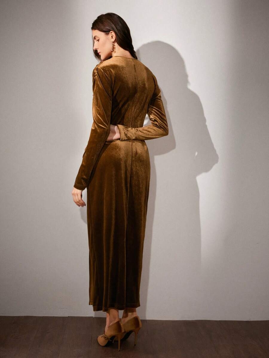 SHEIN Anewsta فستان ناعم  حريري أنيق بني